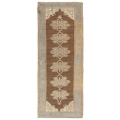 Earth-Tone Vintage Turkish Oushak Runner with Blossom Medallion Design