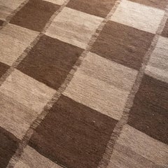 Earth-Toned Brown Checkerboard Wool Kilim Rug, Natural Undyed, Turkey, c. 1995