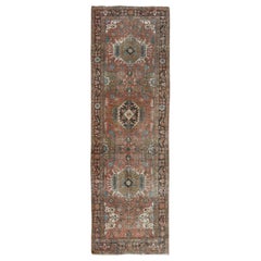 Earth Tones Colors Old and Worn Down Persian Heriz Hand Knotted Runner Oriental