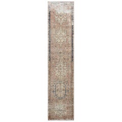 Earth Tones Old and Worn Down Persian Karajeh Runner Hand Knotted Oriental Rug