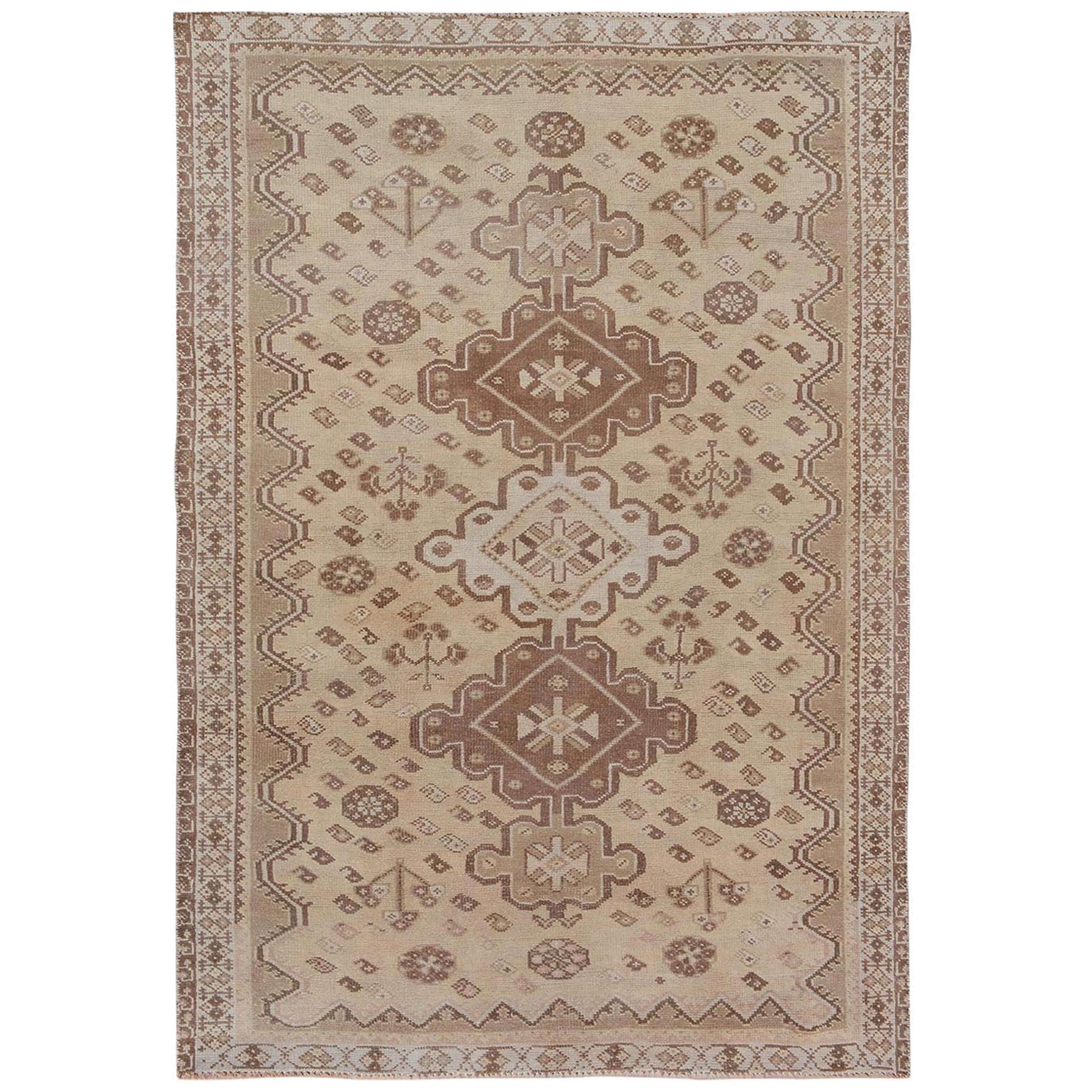 Earth Tones Vintage and Worn Down Persian Shiraz Clean Pure Wool Handknotted Rug For Sale