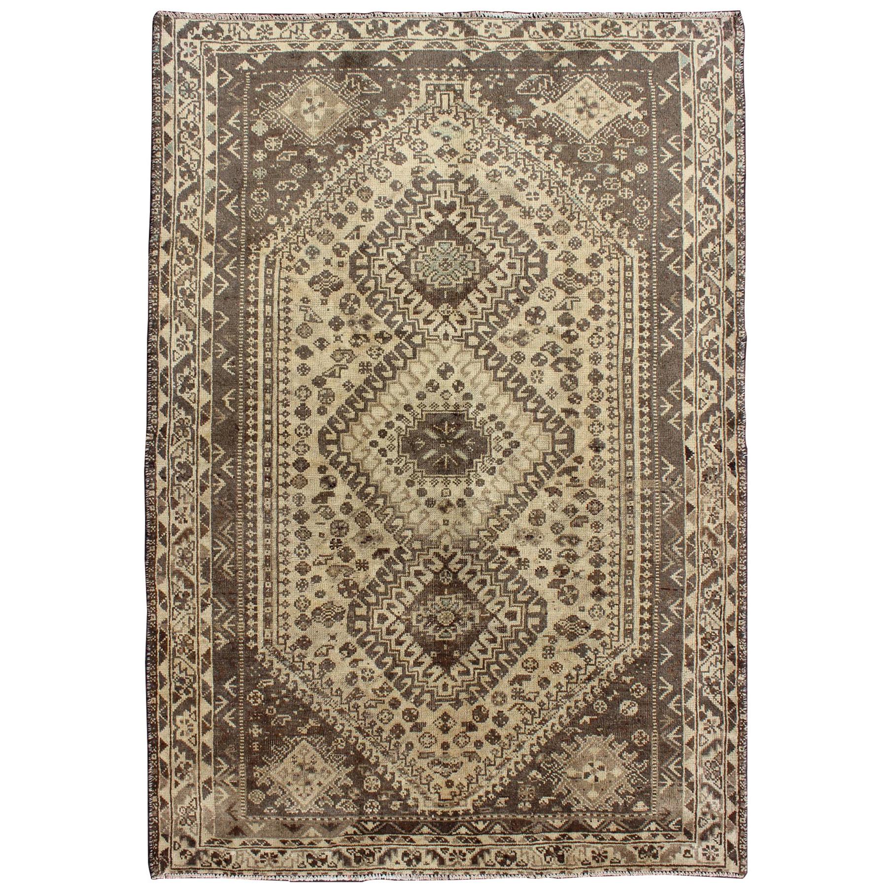Earth Tones Vintage Persian Shiraz with Tribal Design and Neutral Colors For Sale