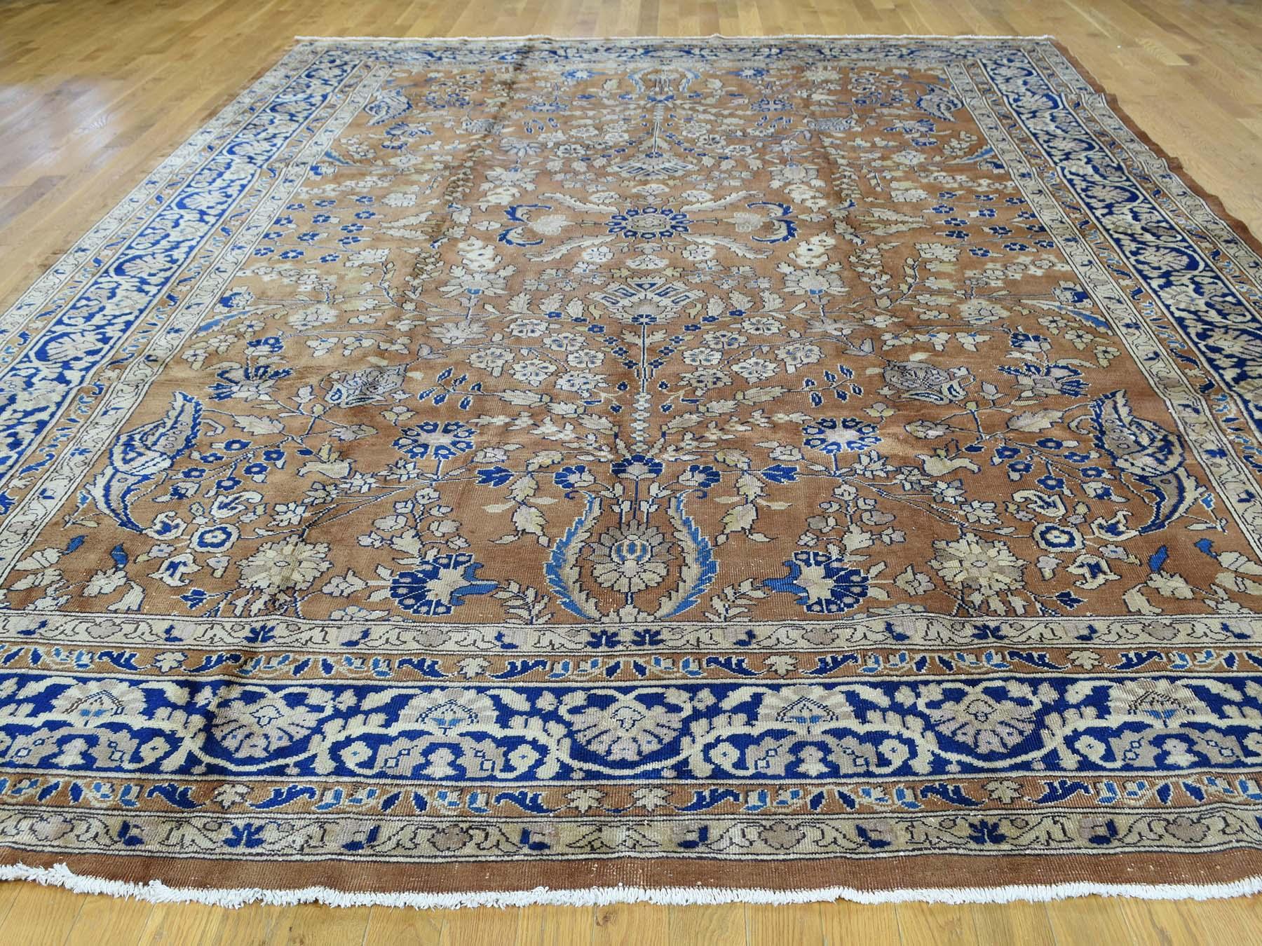 Wool Earth Tones, Navy 1920 Vintage Hand Knotted  Persian Sarouk Rug