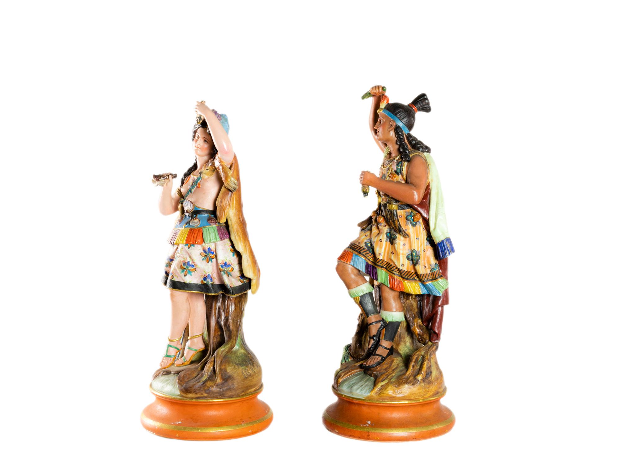 A pair of Inca (peruvian pre-columbian people of indigenes) in full garb.
A splendorous man and woman, denoting leadership and social standing in their ornamentation and gold details. 
An Orientalist inspired work with side and base marks “168” and