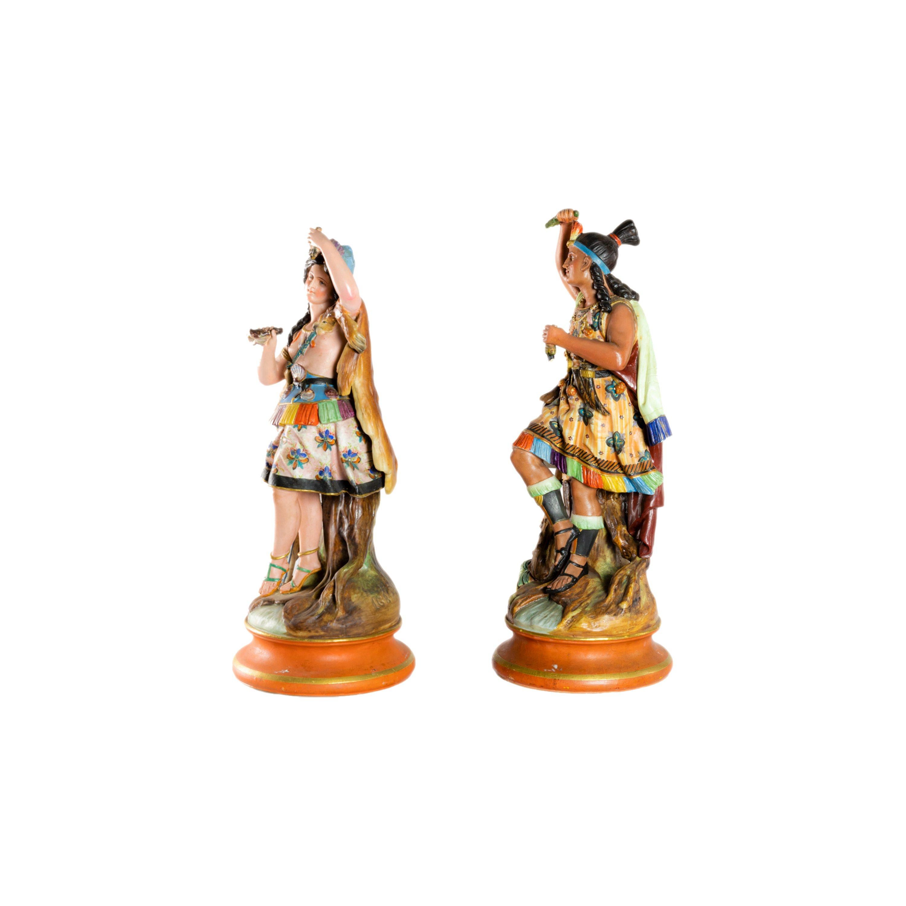 Romantic Earthenwar estatues of Inca couple by Montereau Faïenceries, 19th Century