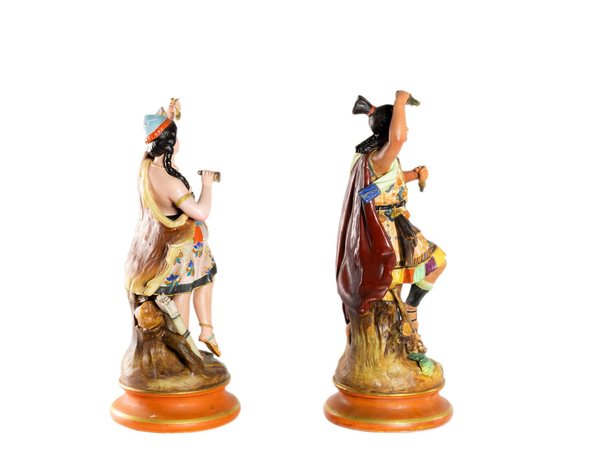 Romantic Earthenwar estatues of Inca couple by Montereau Faïenceries, 19th Century For Sale
