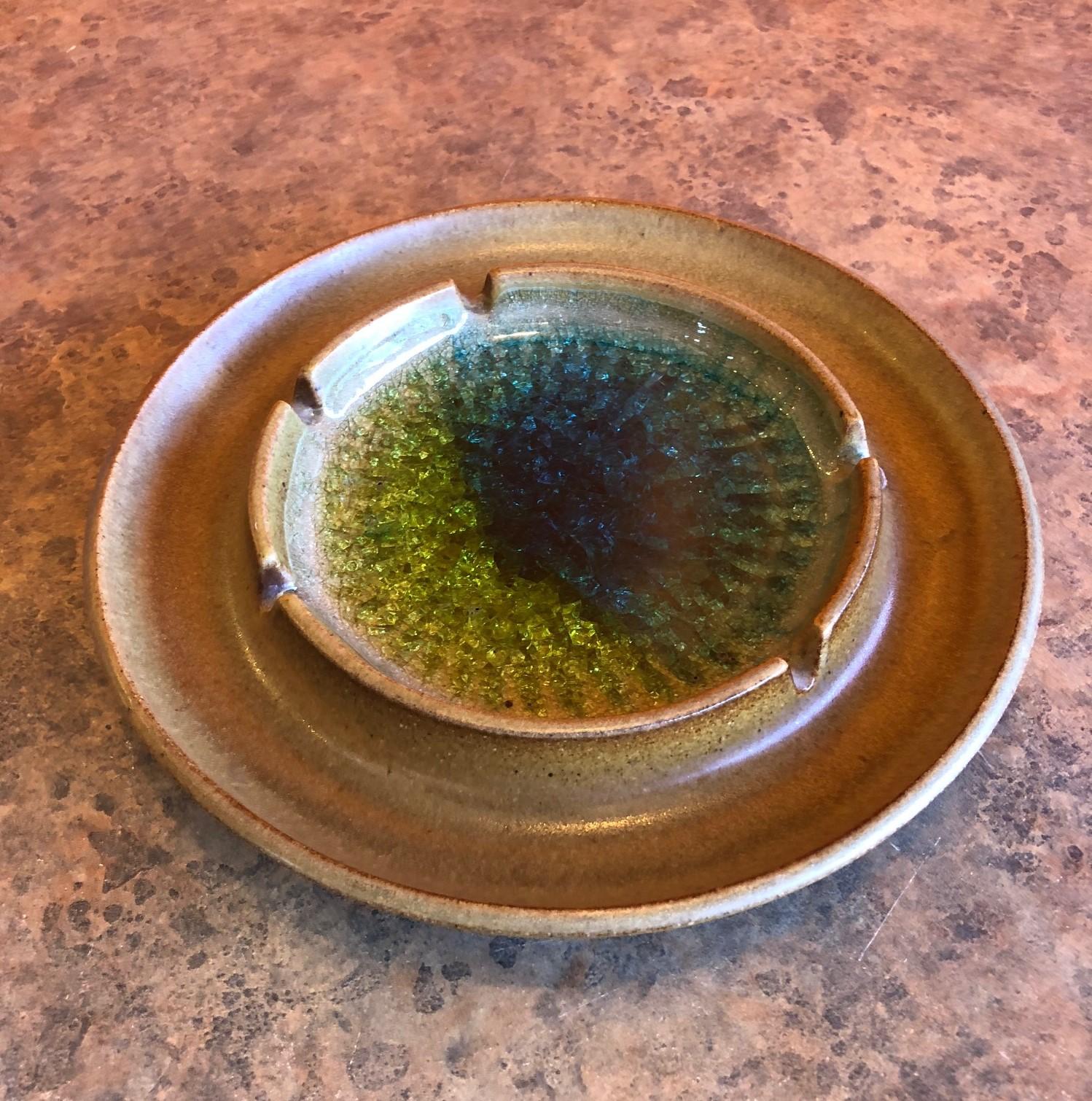 Mid-Century Modern Earthenware and Crackled Glass Ashtray by Robert Maxwell