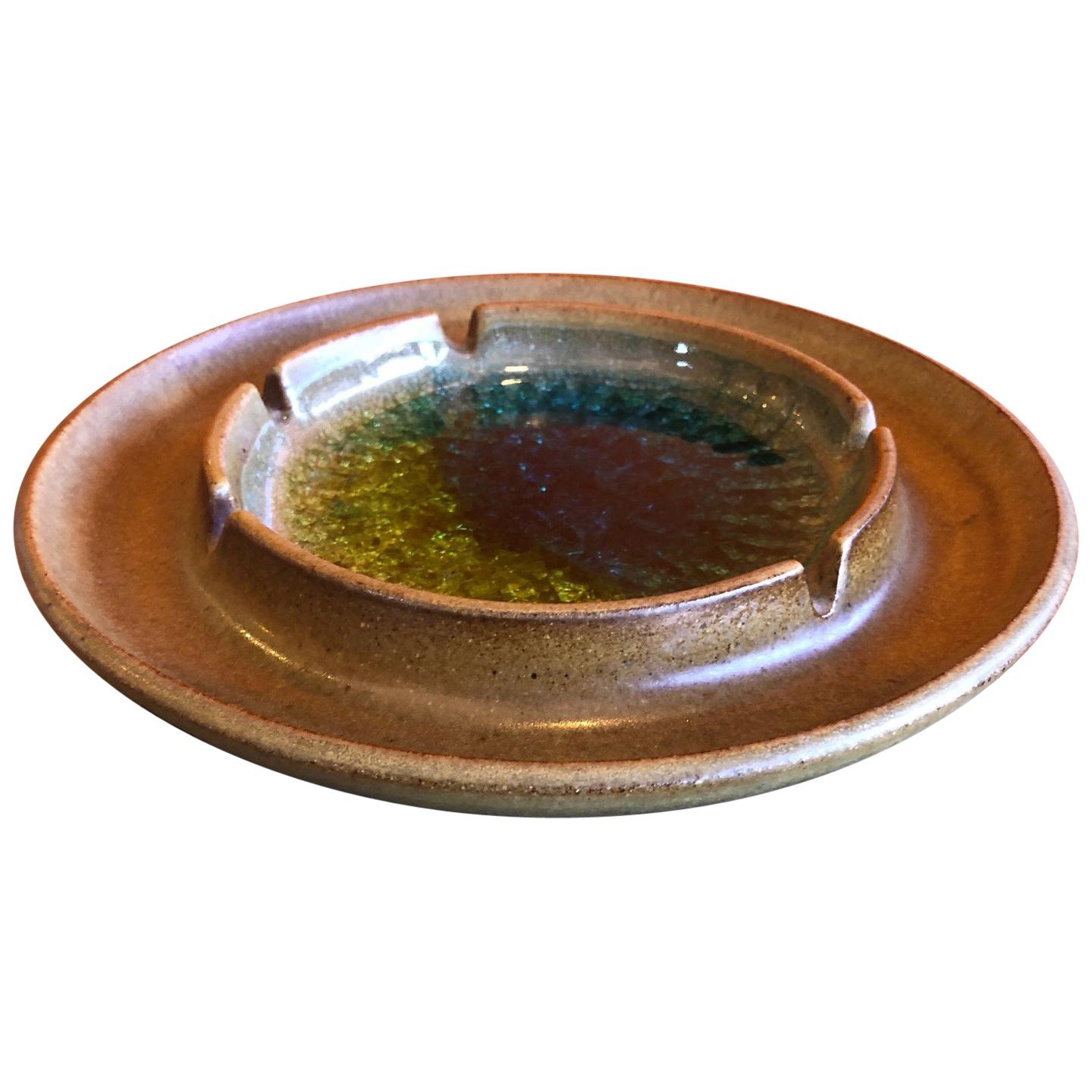 Earthenware and Crackled Glass Ashtray by Robert Maxwell