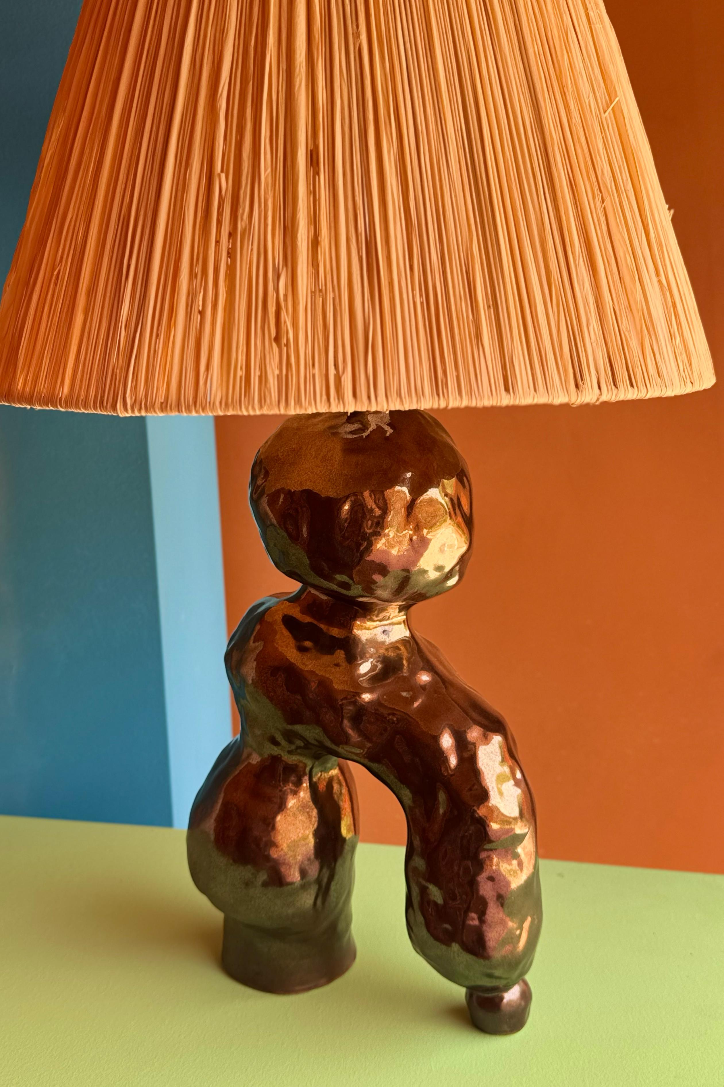 Organic Modern Earthenware Ceramic Table Lamp Raffia Lampshade Metallic Glaze - Ninot For Sale