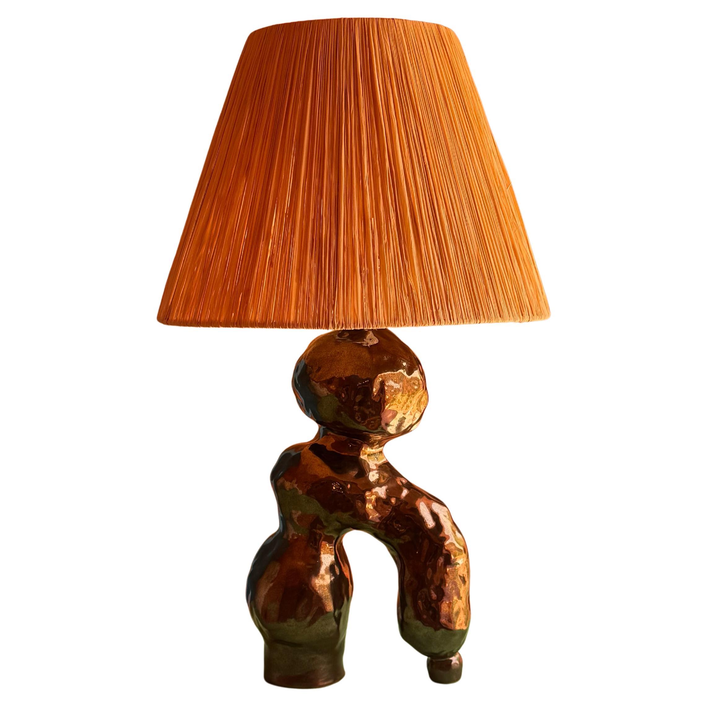 Faïence Céramique Lampe de table Abat-jour en raphia émail métallique - Ninot