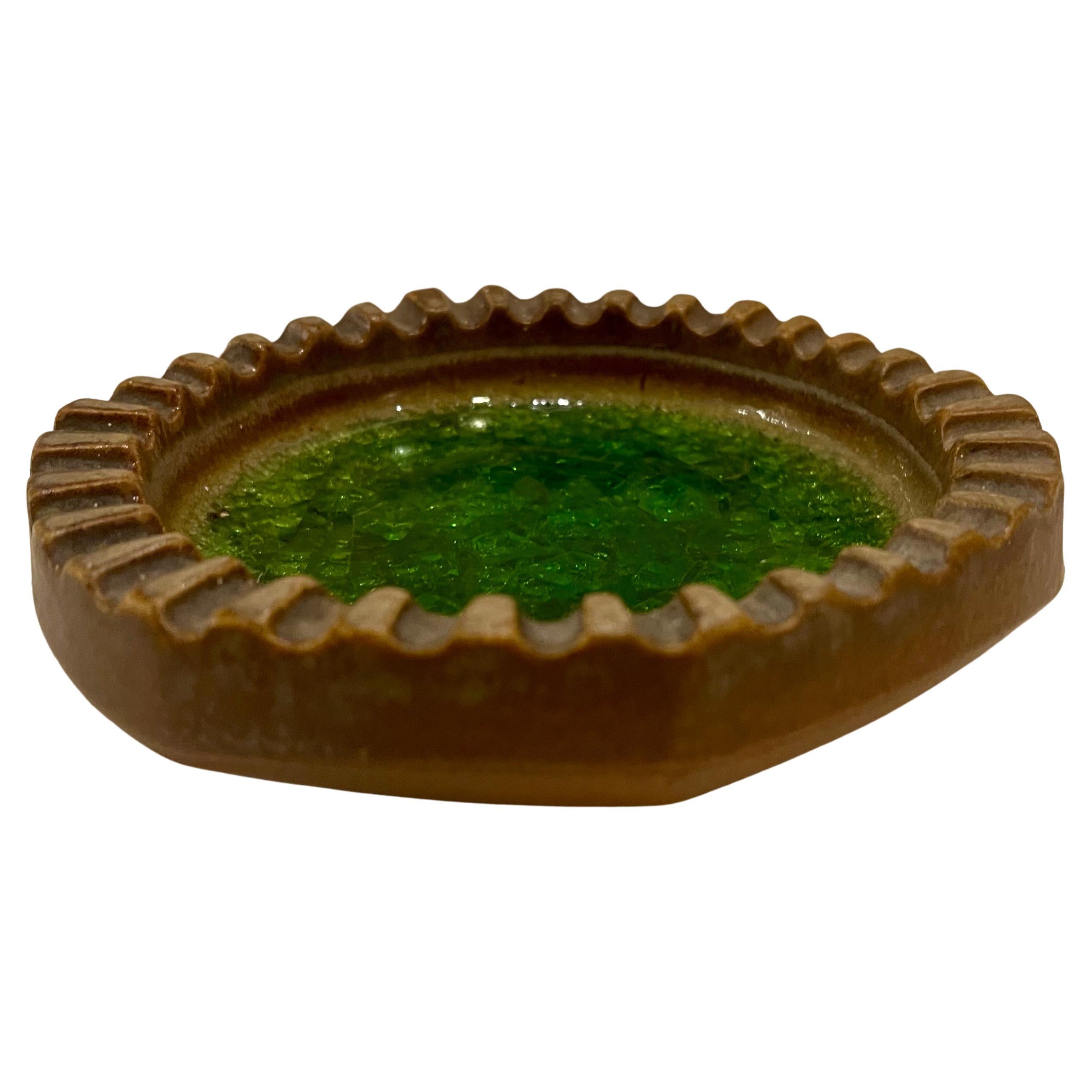 Mid-Century Modern Earthenware & Crackled Glass Ashtray Catch All Freeform Bowl by Robert Maxwell