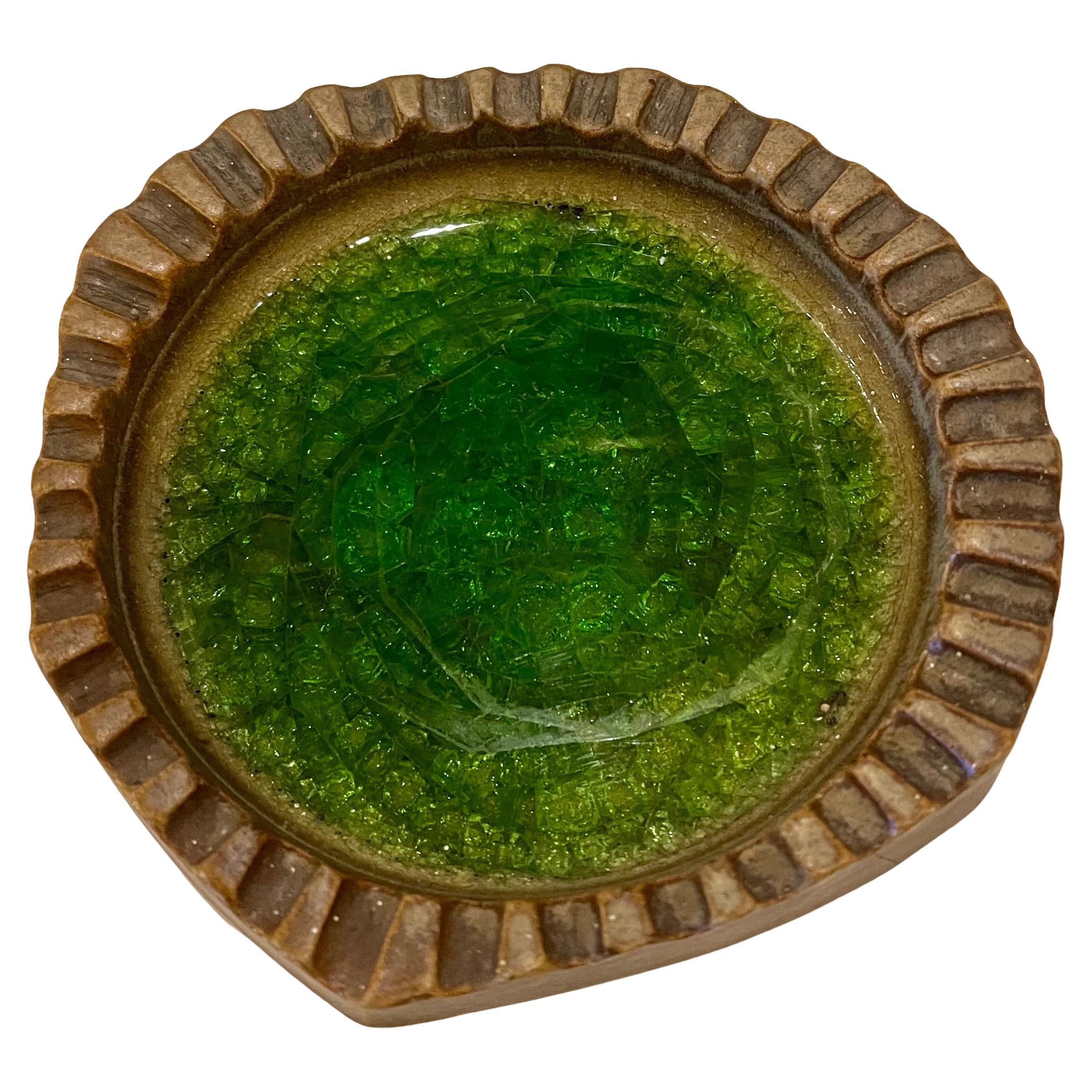 Earthenware & Crackled Glass Ashtray Catch All Freeform Bowl by Robert Maxwell In Good Condition In San Diego, CA