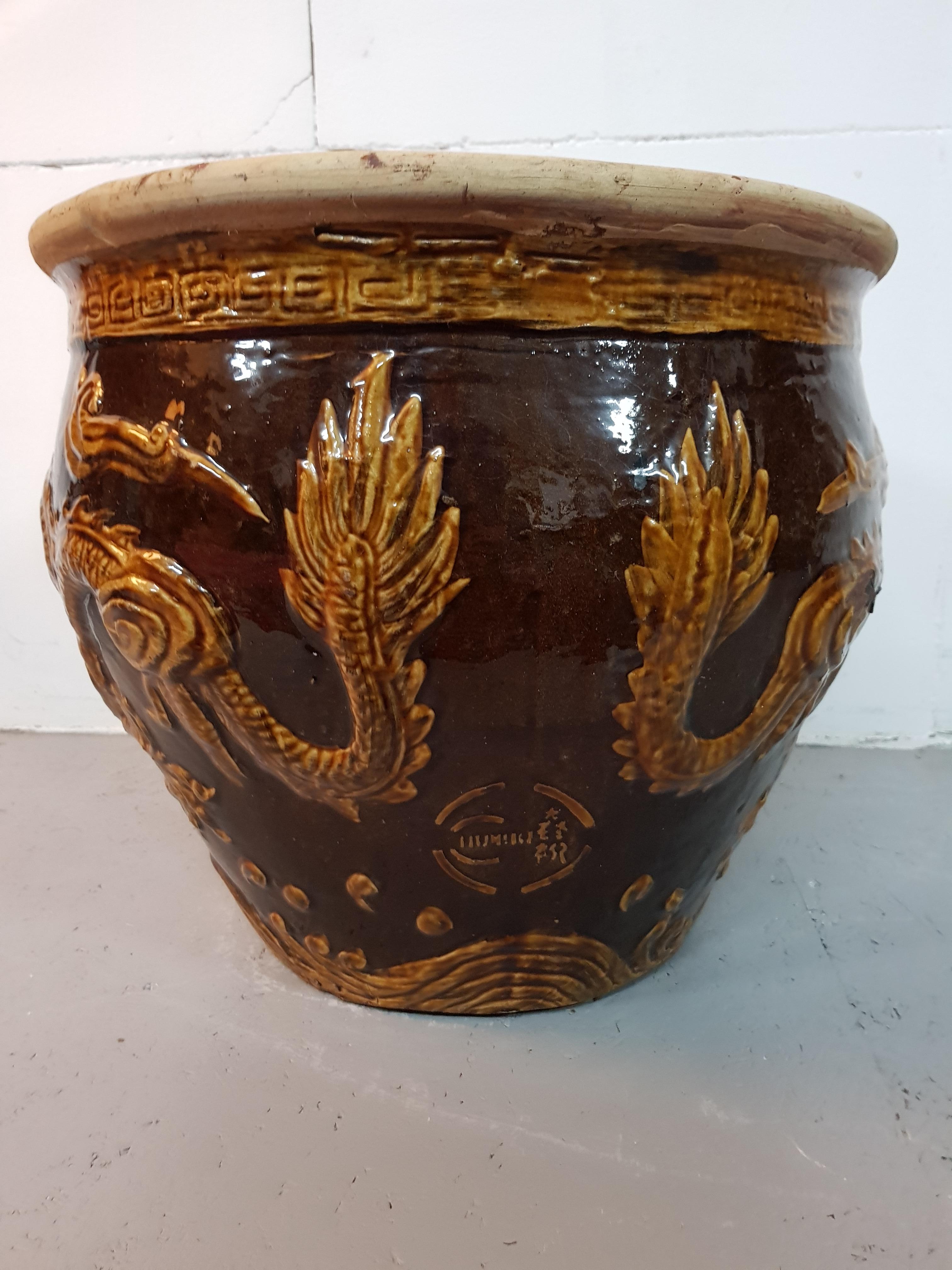 Earthenware Planter with Relief of Dragons, Second Half of the 20th Century For Sale 1