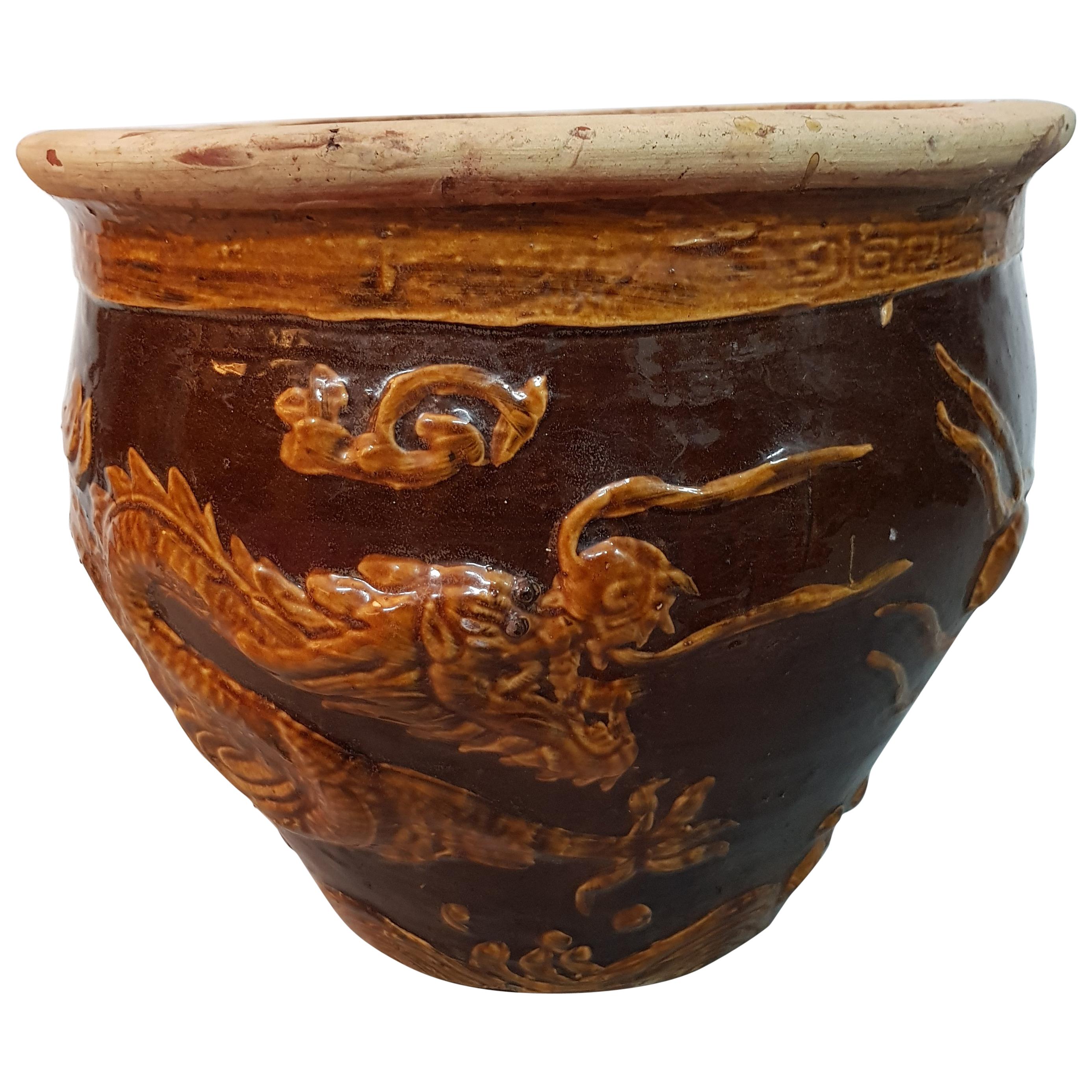 Earthenware Planter with Relief of Dragons, Second Half of the 20th Century For Sale