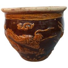 Earthenware Planter with Relief of Dragons, Second Half of the 20th Century