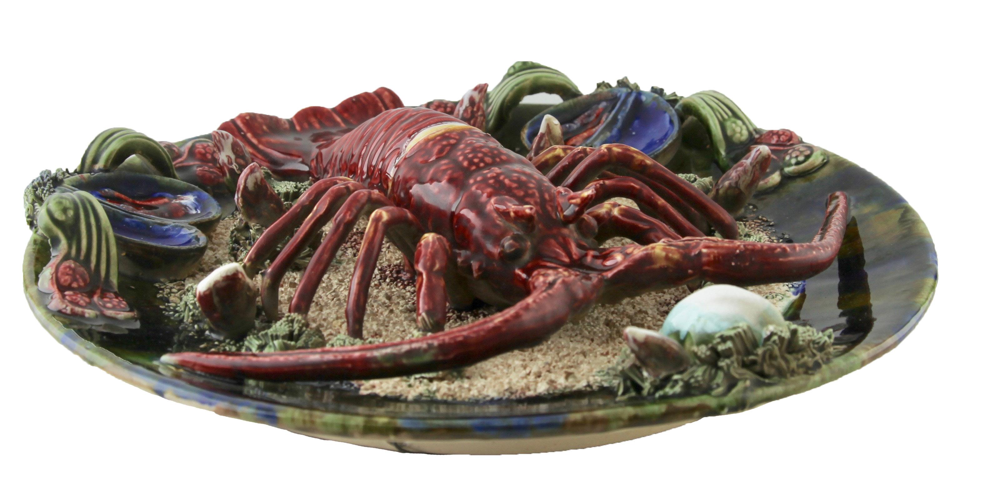 Glazed Earthenware Seafood Lobster Plate by J. Caldas Da Rainha, 1930 For Sale