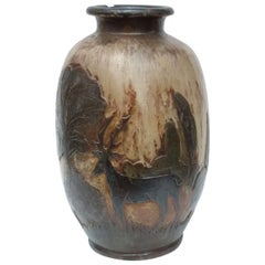 Earthenware Vase Decorated with a Deer Signed "DUBOIS"
