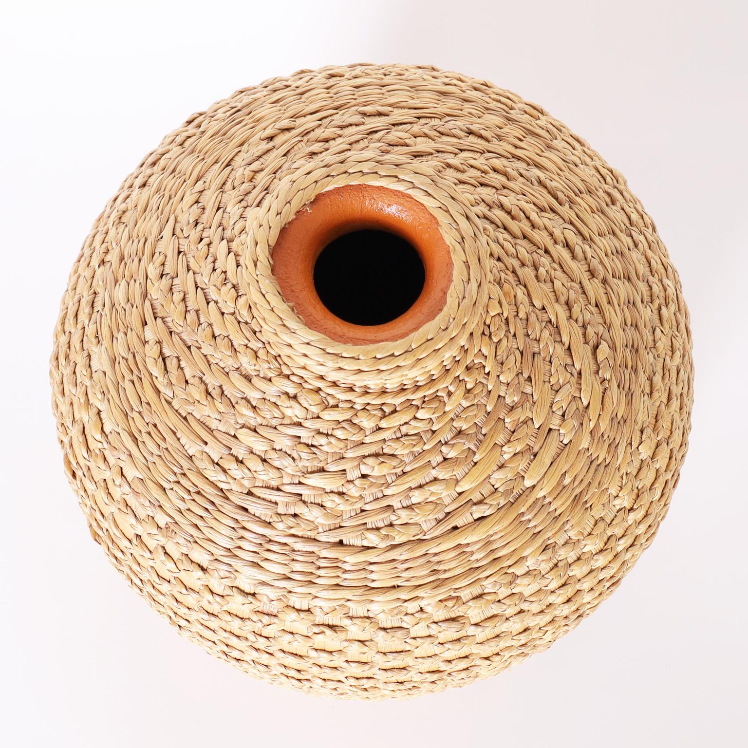 Mid-Century Modern Earthenware Vessel Wrapped in Reed For Sale