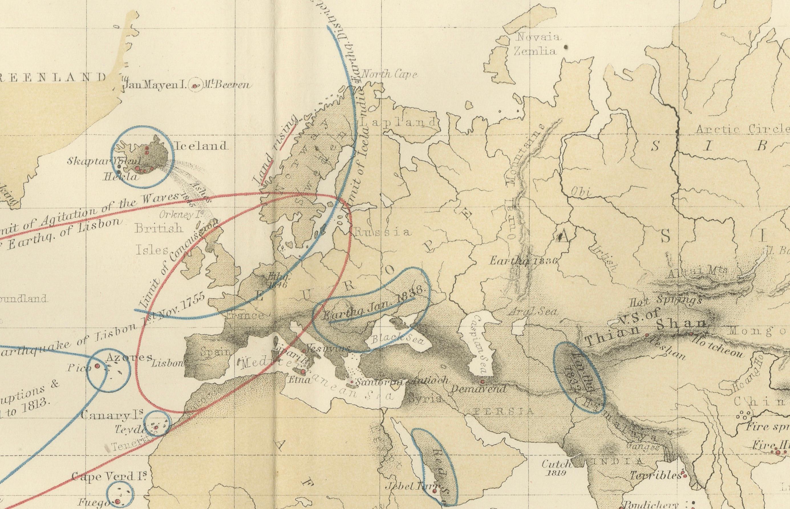 Earthquakes and Volcanoes Map by A.K. Johnston – Seismic Activity Atlas 1852 In Good Condition For Sale In Langweer, NL