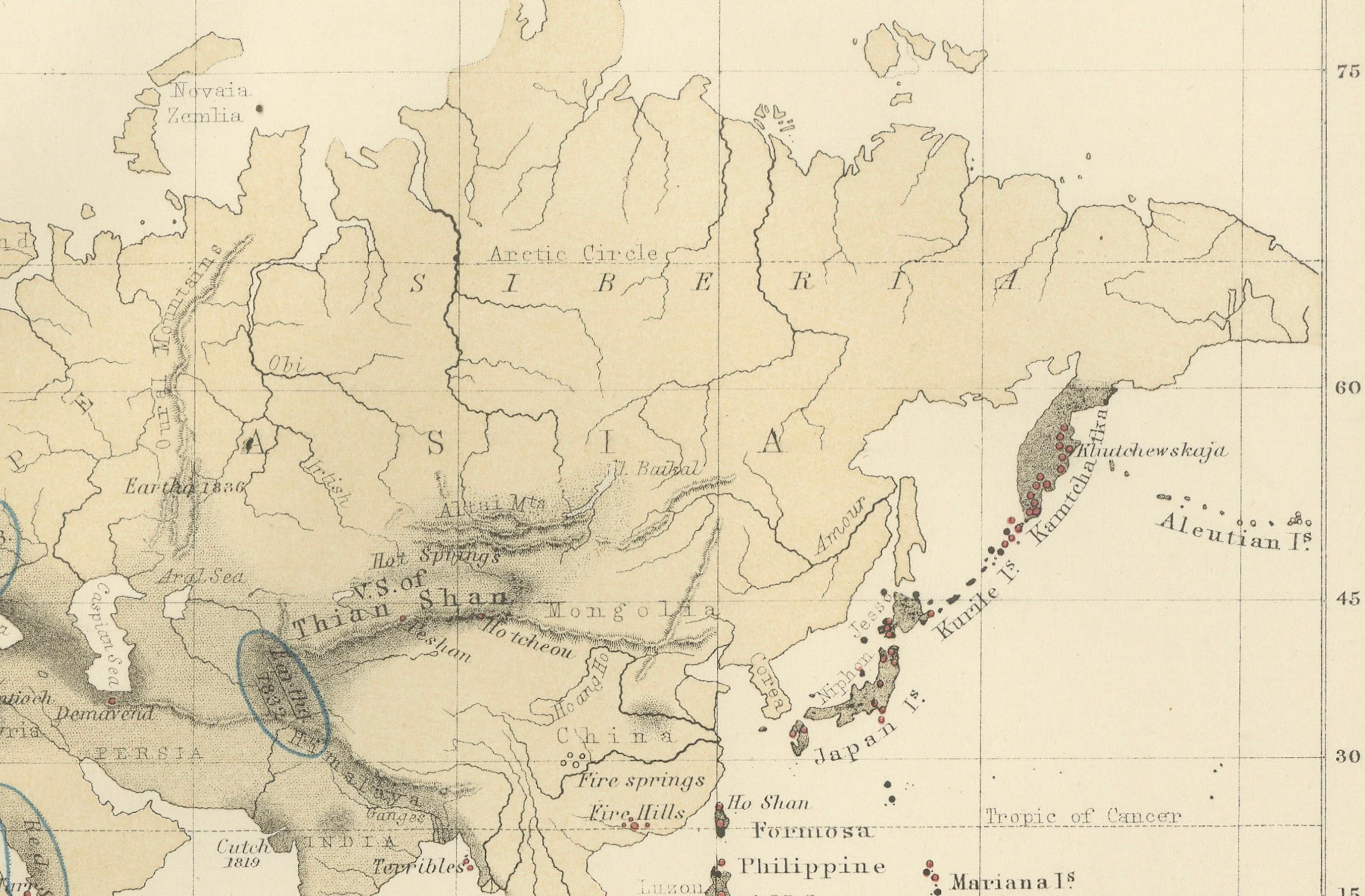 19th Century Earthquakes and Volcanoes Map by A.K. Johnston – Seismic Activity Atlas 1852 For Sale