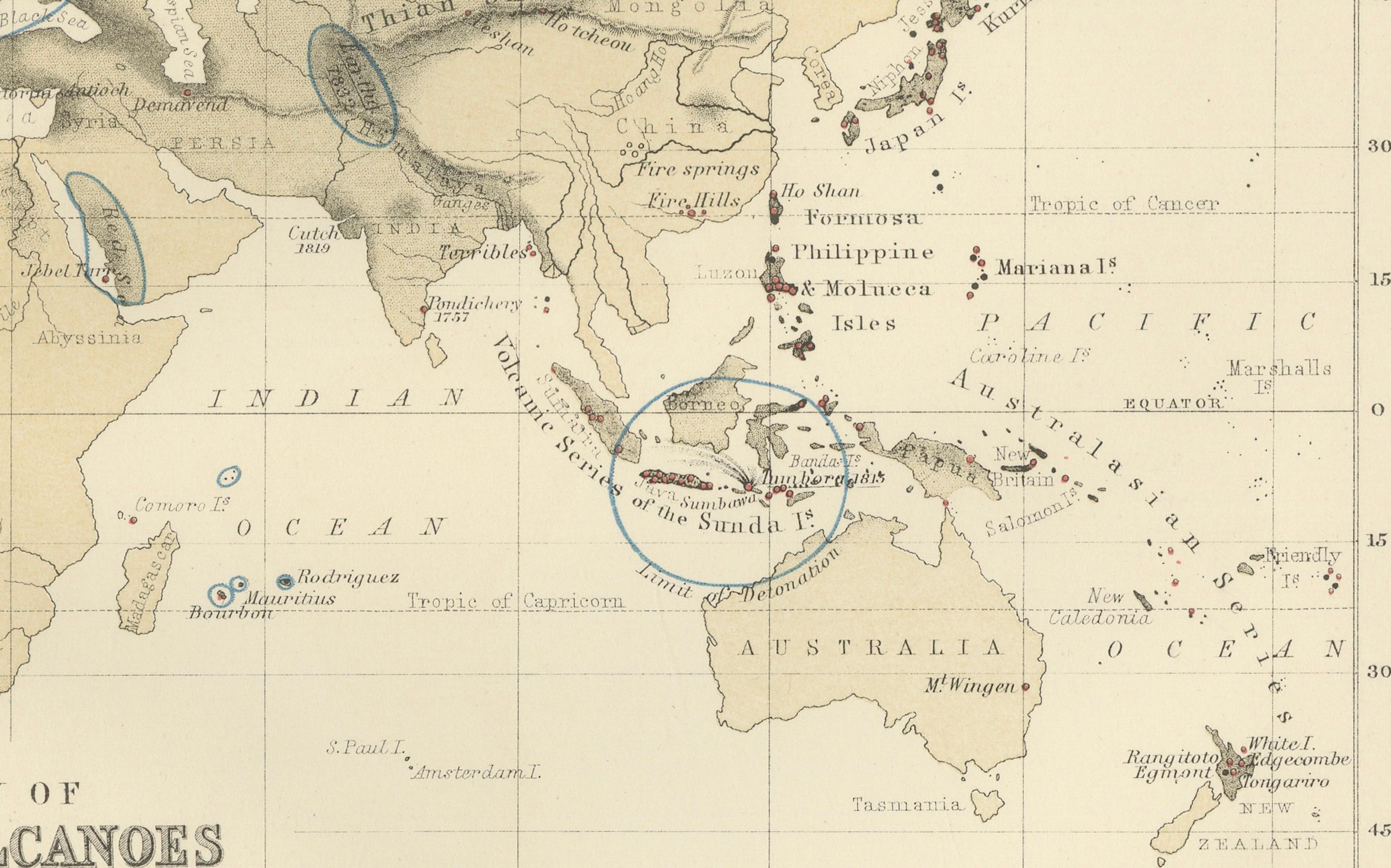 Paper Earthquakes and Volcanoes Map by A.K. Johnston – Seismic Activity Atlas 1852 For Sale