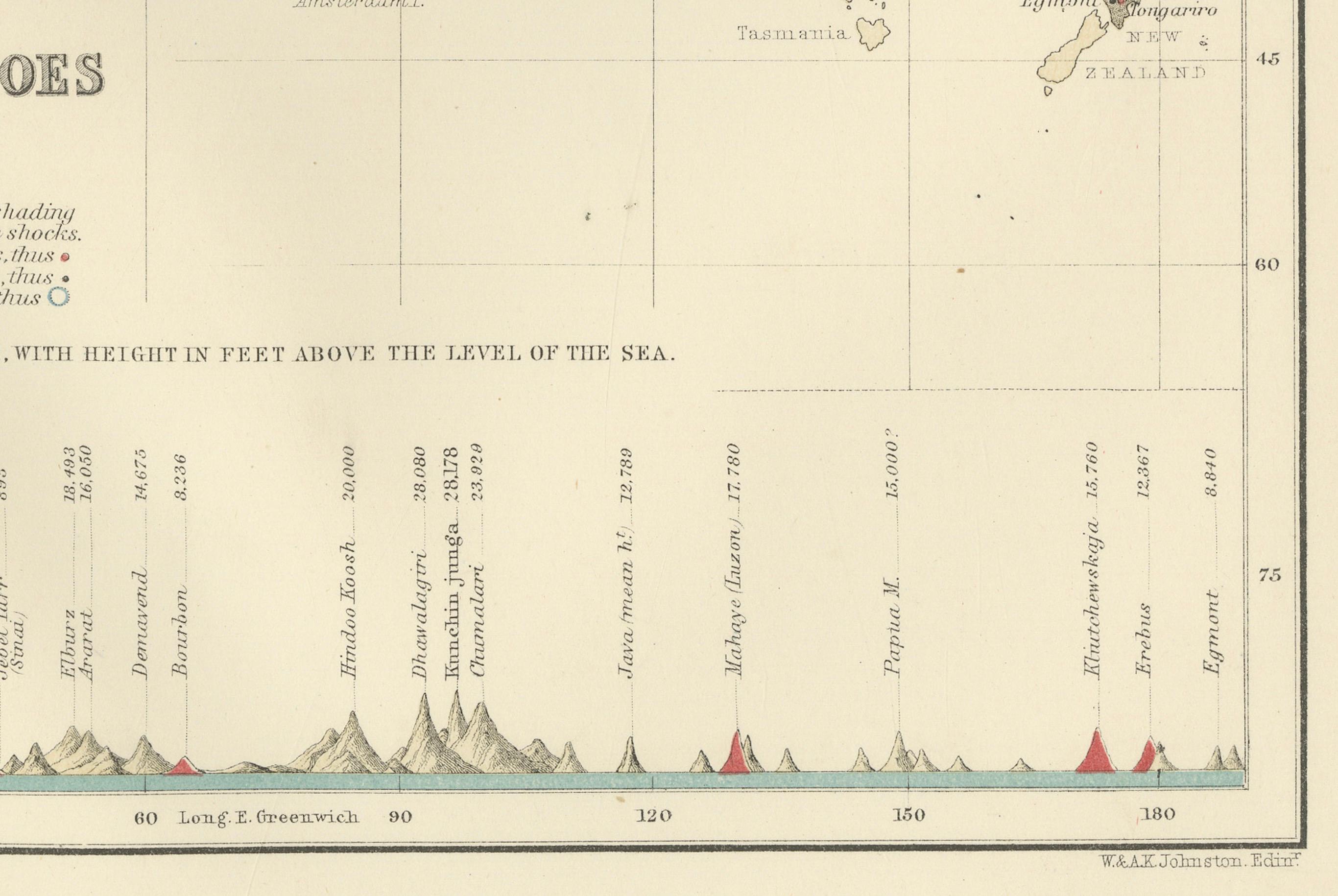 Earthquakes and Volcanoes Map by A.K. Johnston – Seismic Activity Atlas 1852 For Sale 1