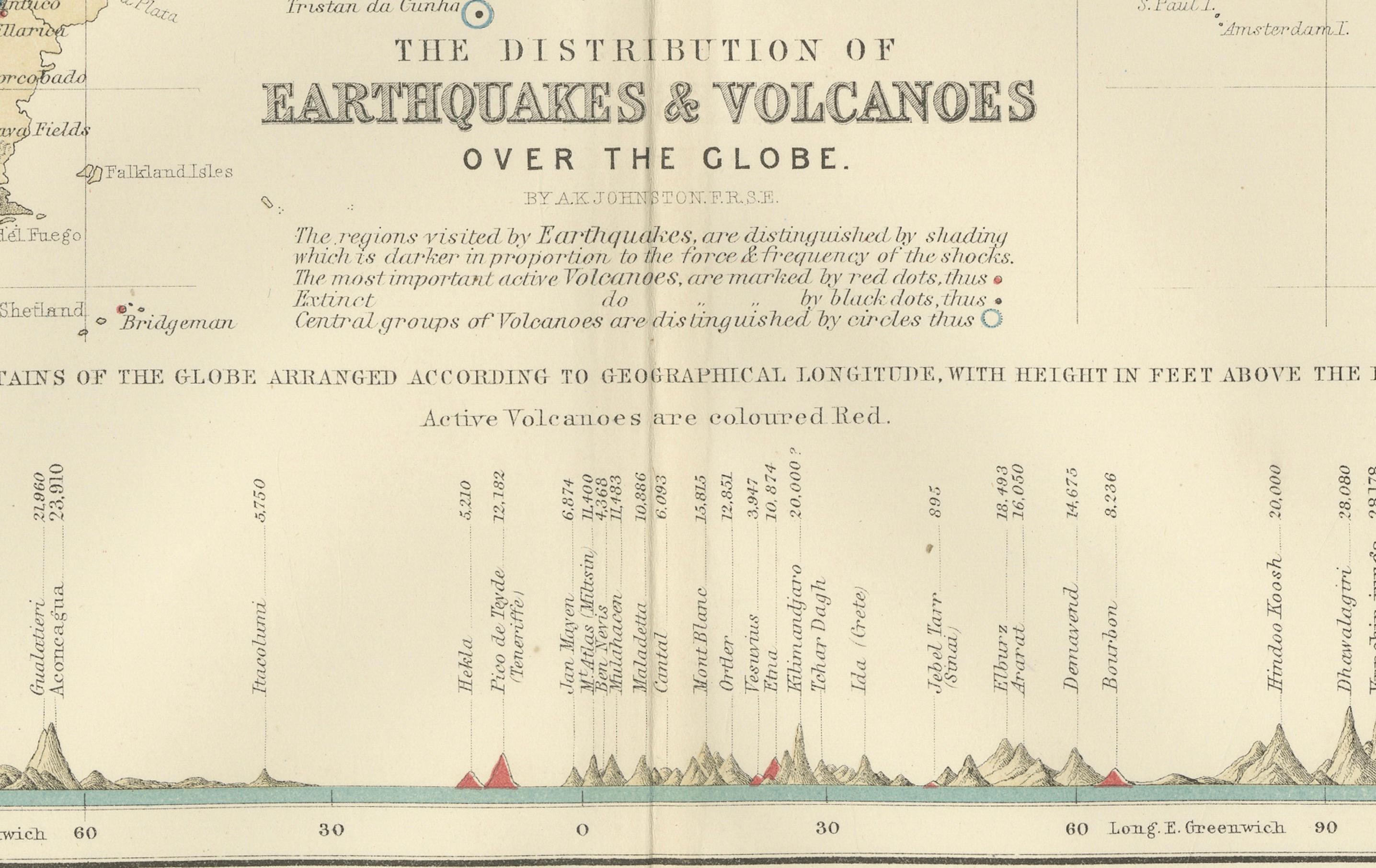 Earthquakes and Volcanoes Map by A.K. Johnston – Seismic Activity Atlas 1852 For Sale 3