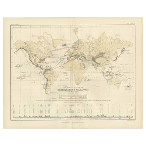 Earthquakes and Volcanoes Map by A.K. Johnston – Seismic Activity Atlas 1852