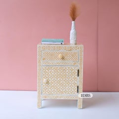 Earthy Clove Pattern Bone Inlay Bedside Table with Brass Knob by House of Jaipur