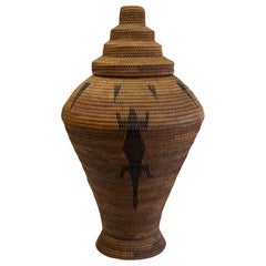 Earthy Large Vintage Urn Shaped Lidded Hand Woven Fiber Basket