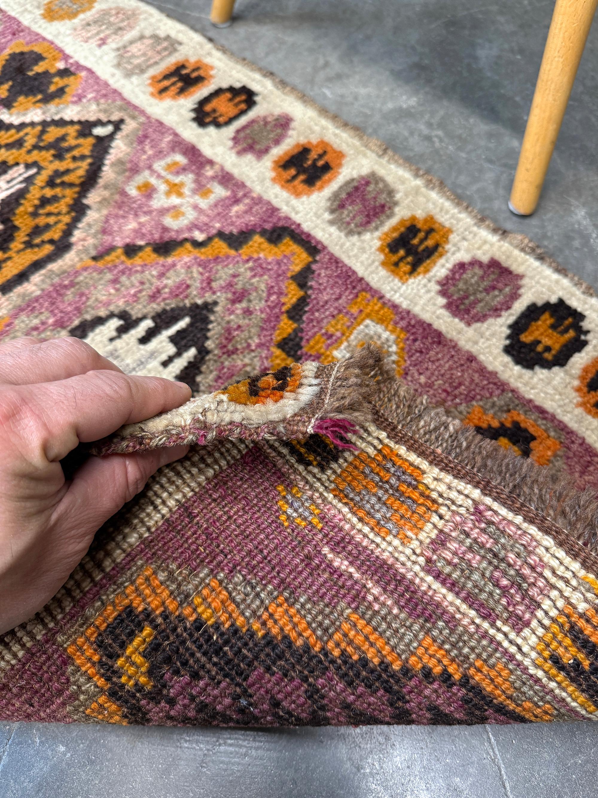 Earthy Mauve Anatolian Vintage Mini Rug / Yastik • Turkish Bathmat / Doormat For Sale 2