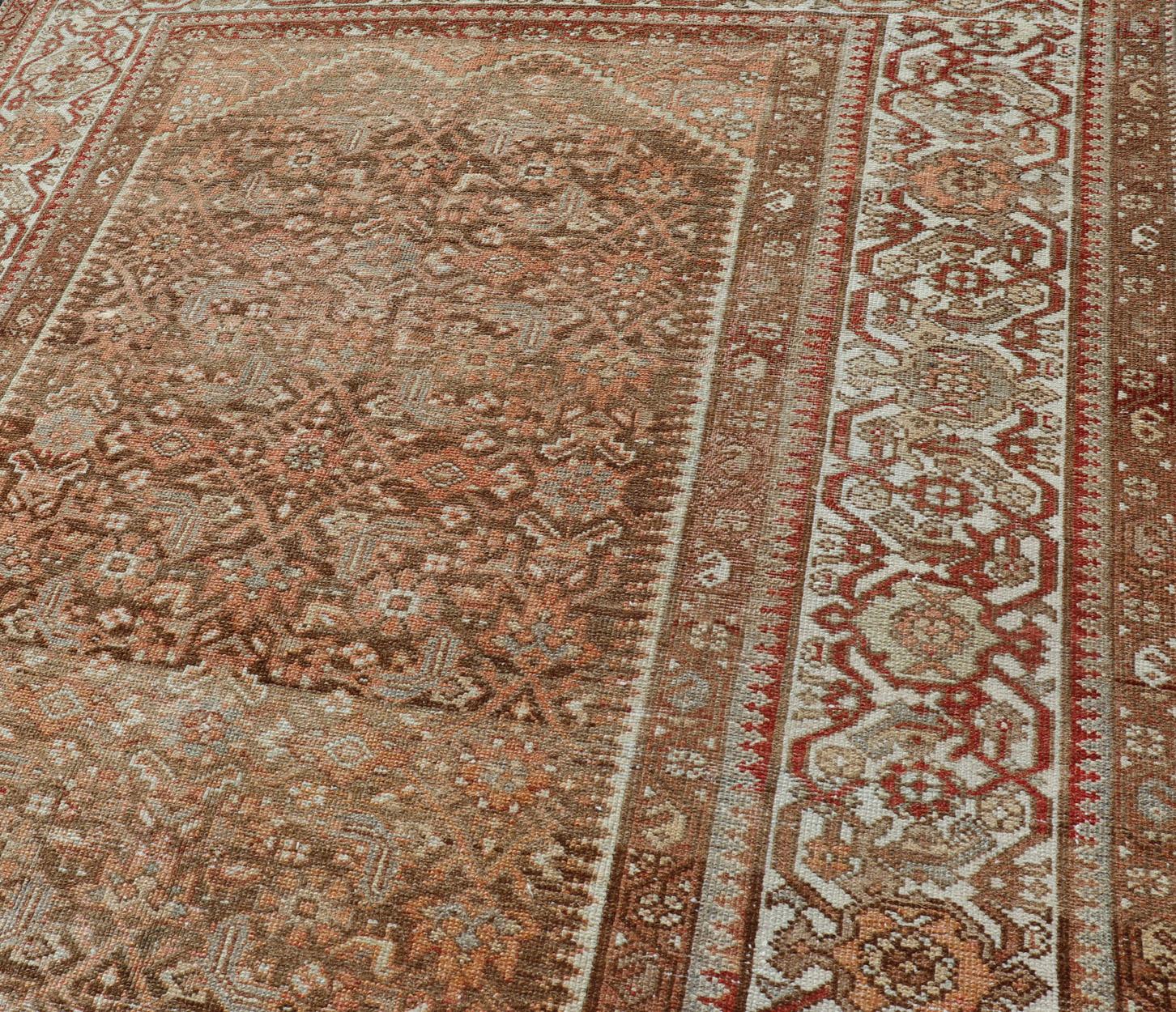 Earthy Tone Antique Hand Knotted Persian Hamadan Rug with All-Over Pattern For Sale 4