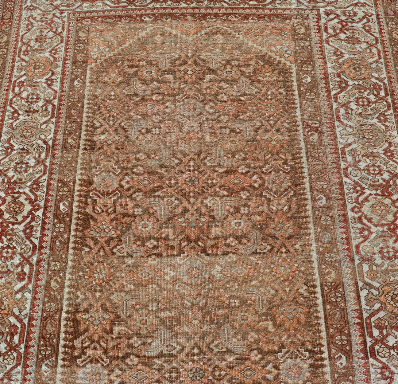 Earthy Tone Antique Hand Knotted Persian Hamadan Rug with All-Over Pattern For Sale 6