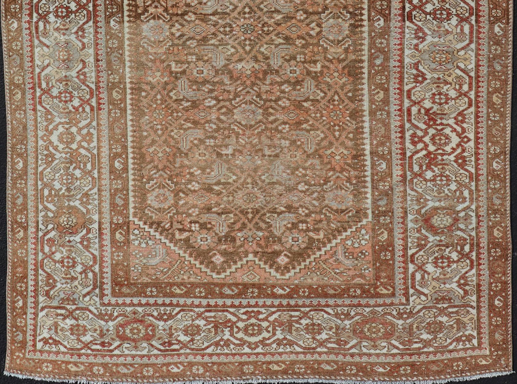 Malayer Earthy Tone Antique Hand Knotted Persian Hamadan Rug with All-Over Pattern For Sale