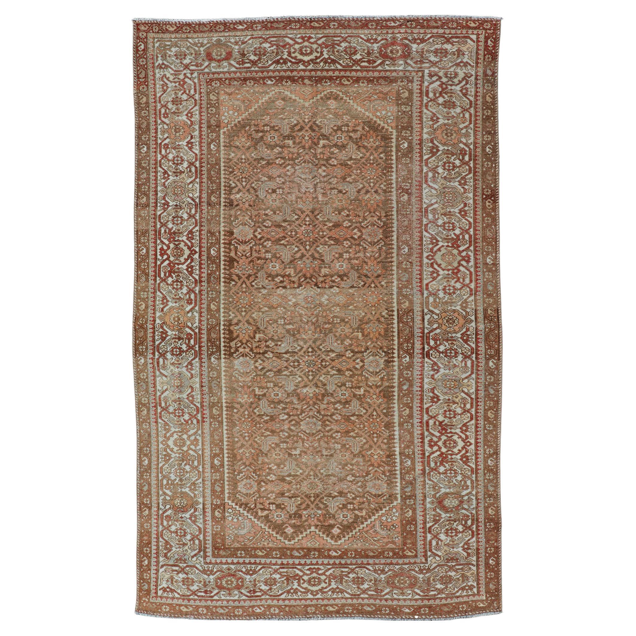 Earthy Tone Antique Hand Knotted Persian Hamadan Rug with All-Over Pattern