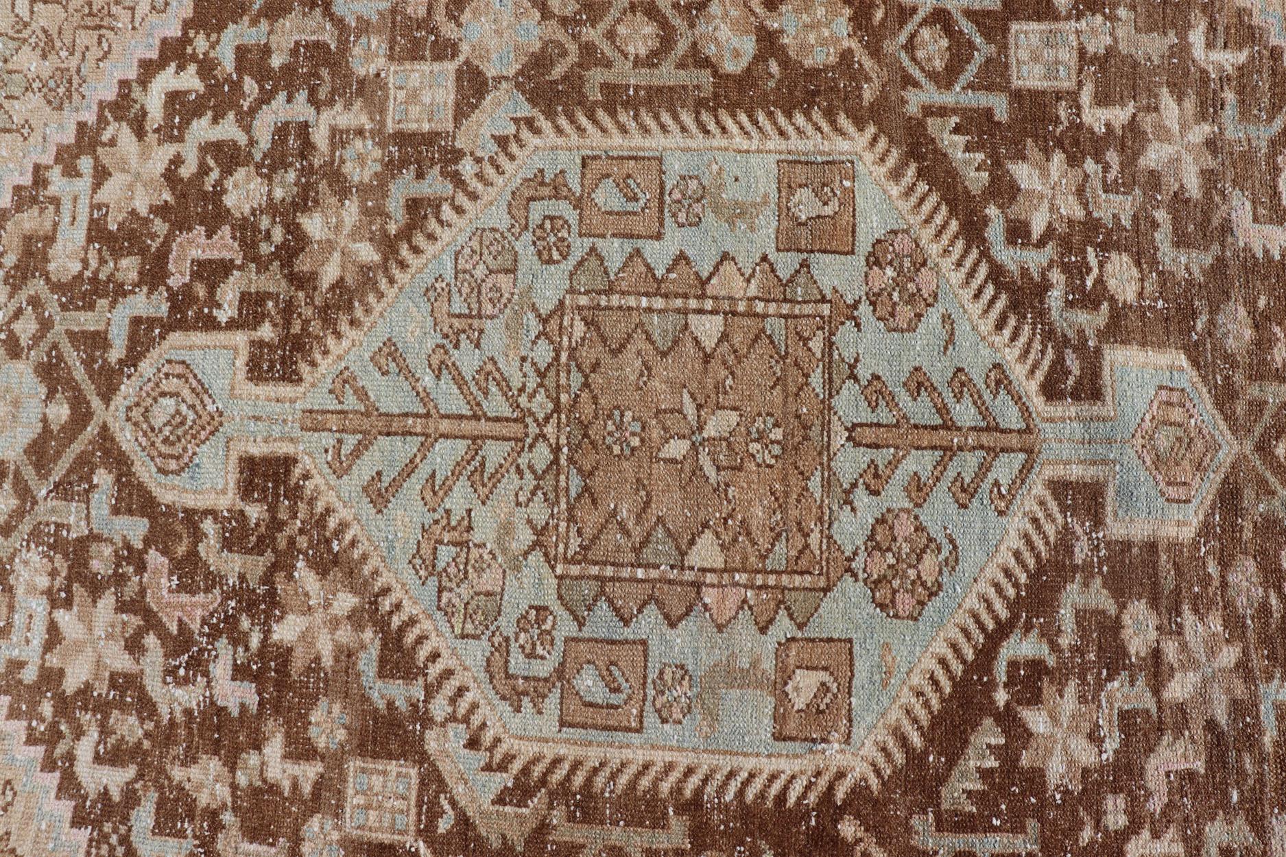 Malayer Earthy Tone Antique Persian Hamadan Rug with Medallion Design in Brown and Blue For Sale