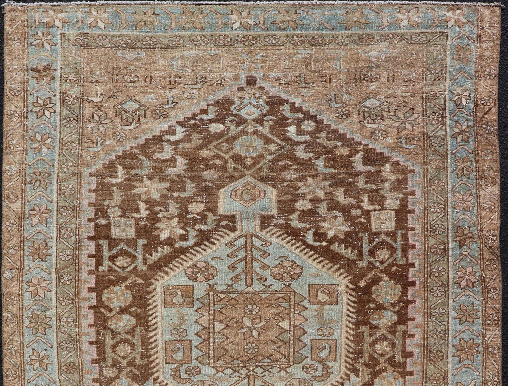 20th Century Earthy Tone Antique Persian Hamadan Rug with Medallion Design in Brown and Blue For Sale