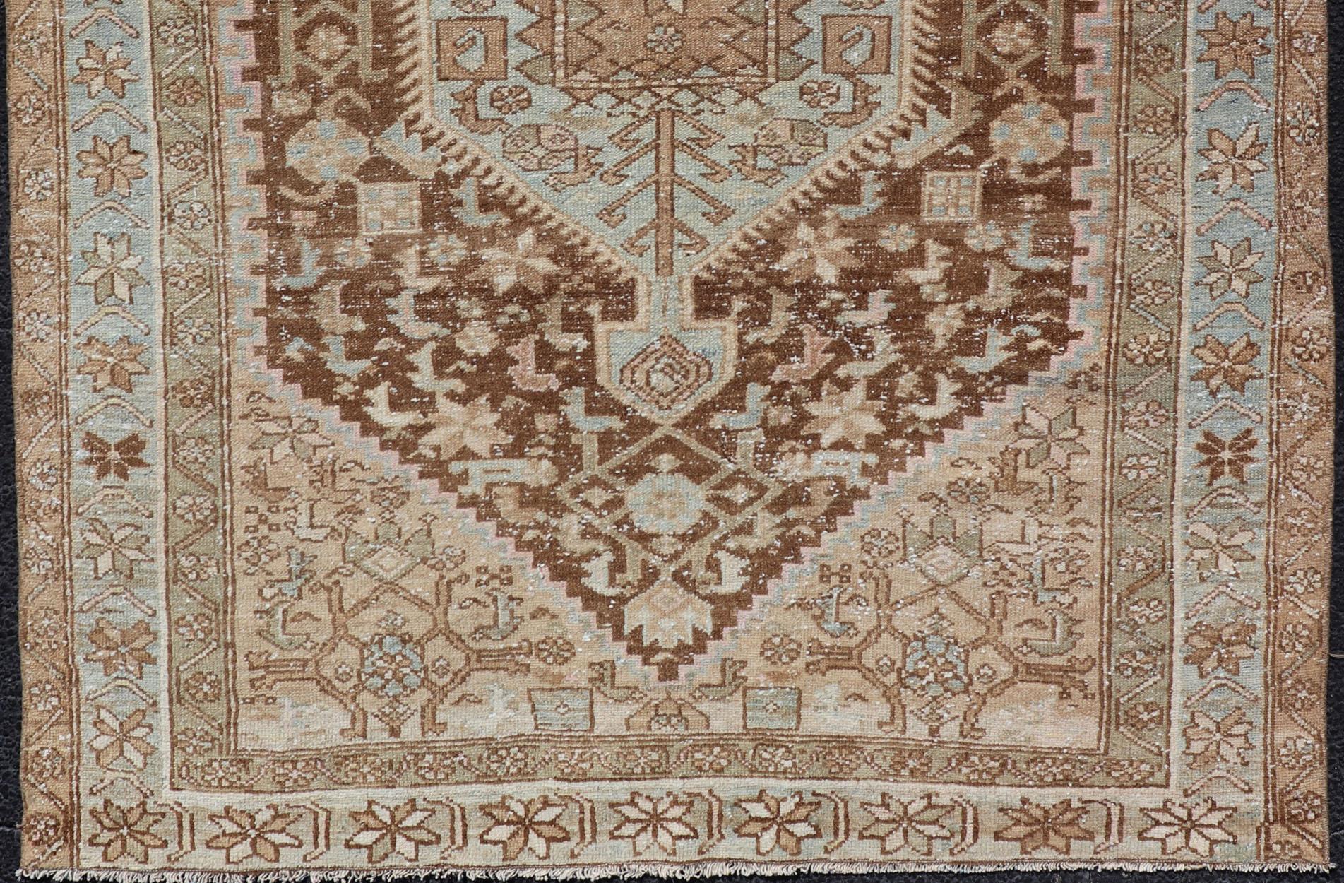 Wool Earthy Tone Antique Persian Hamadan Rug with Medallion Design in Brown and Blue For Sale