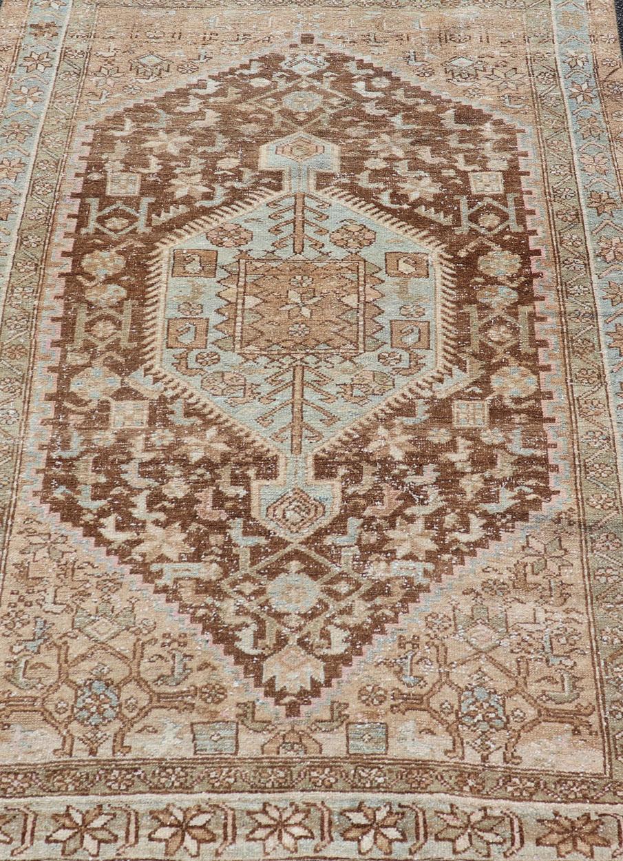 Earthy Tone Antique Persian Hamadan Rug with Medallion Design in Brown and Blue For Sale 1