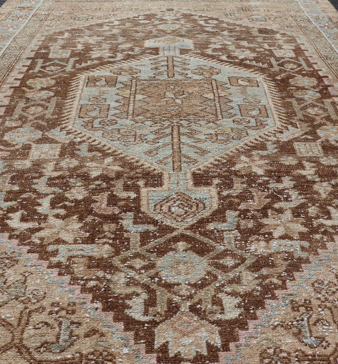 Earthy Tone Antique Persian Hamadan Rug with Medallion Design in Brown and Blue For Sale 2