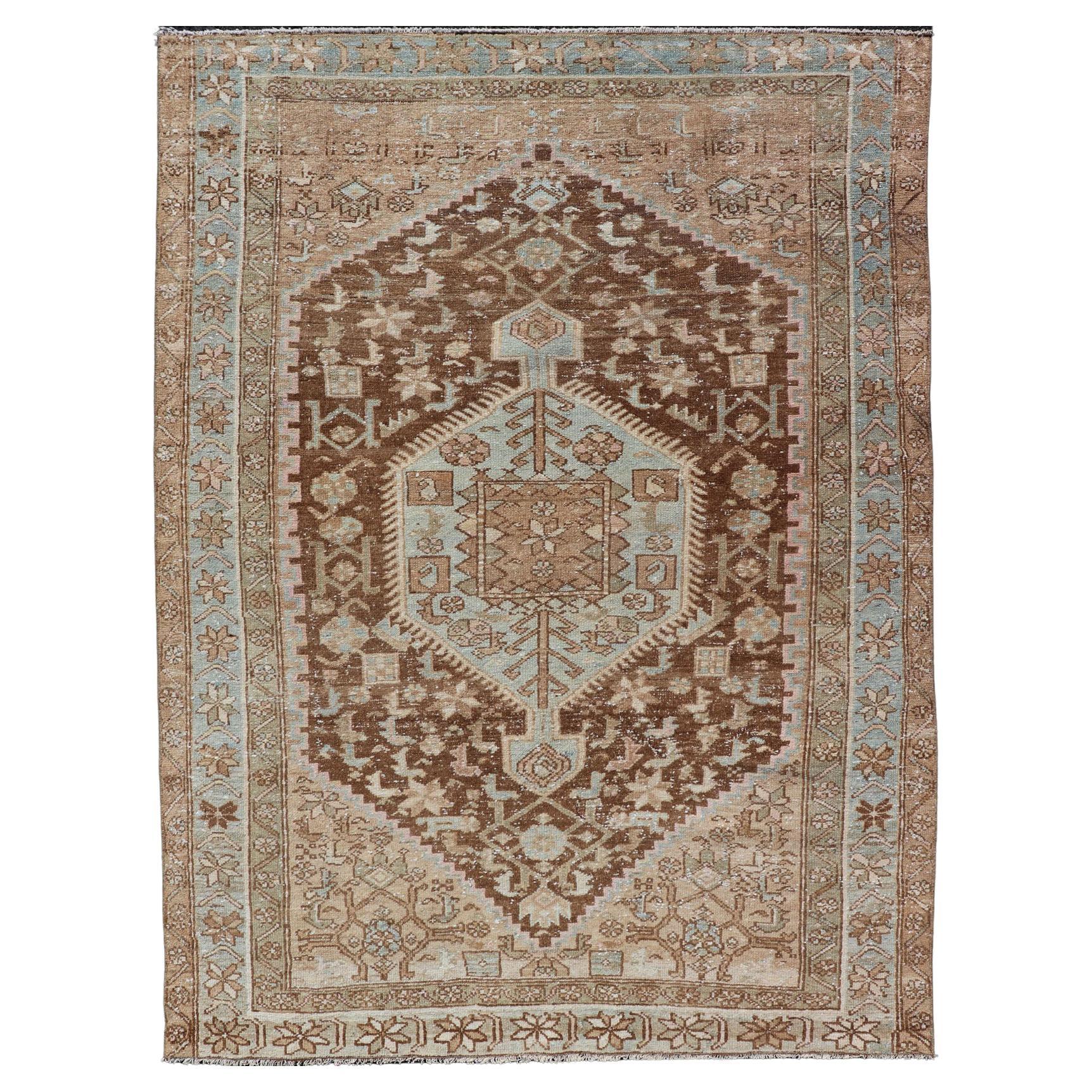 Earthy Tone Antique Persian Hamadan Rug with Medallion Design in Brown and Blue