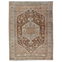 Earthy Tone Antique Persian Hamadan Rug with Medallion Design in Brown and Blue