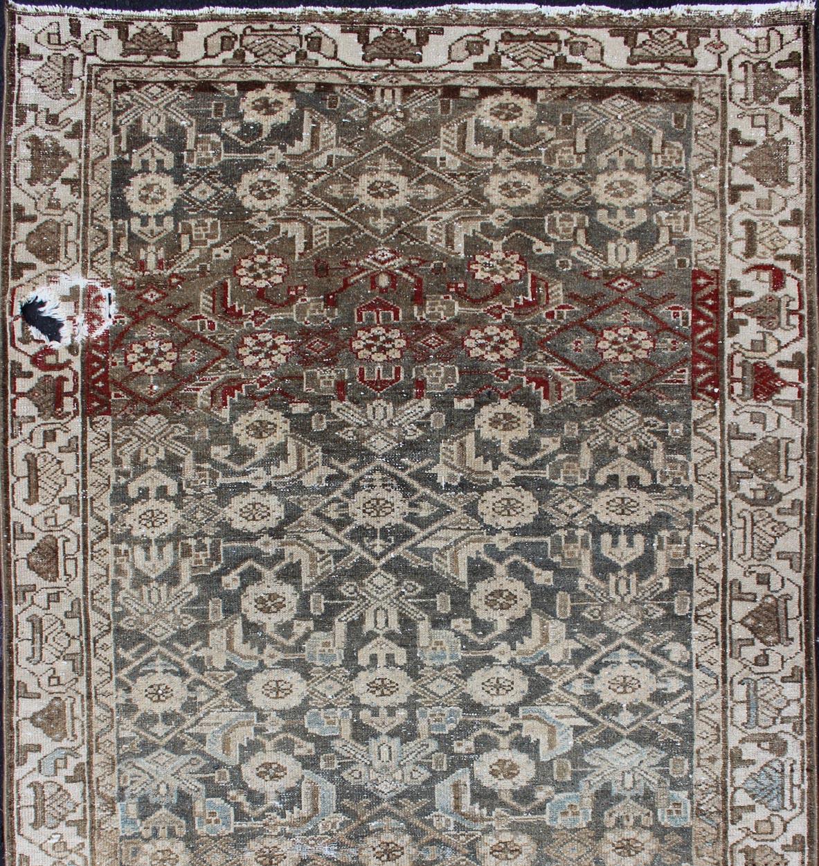 Distressed Antique Persian Hamadan Rug with All-Over Pattern and Gray Blue For Sale 1