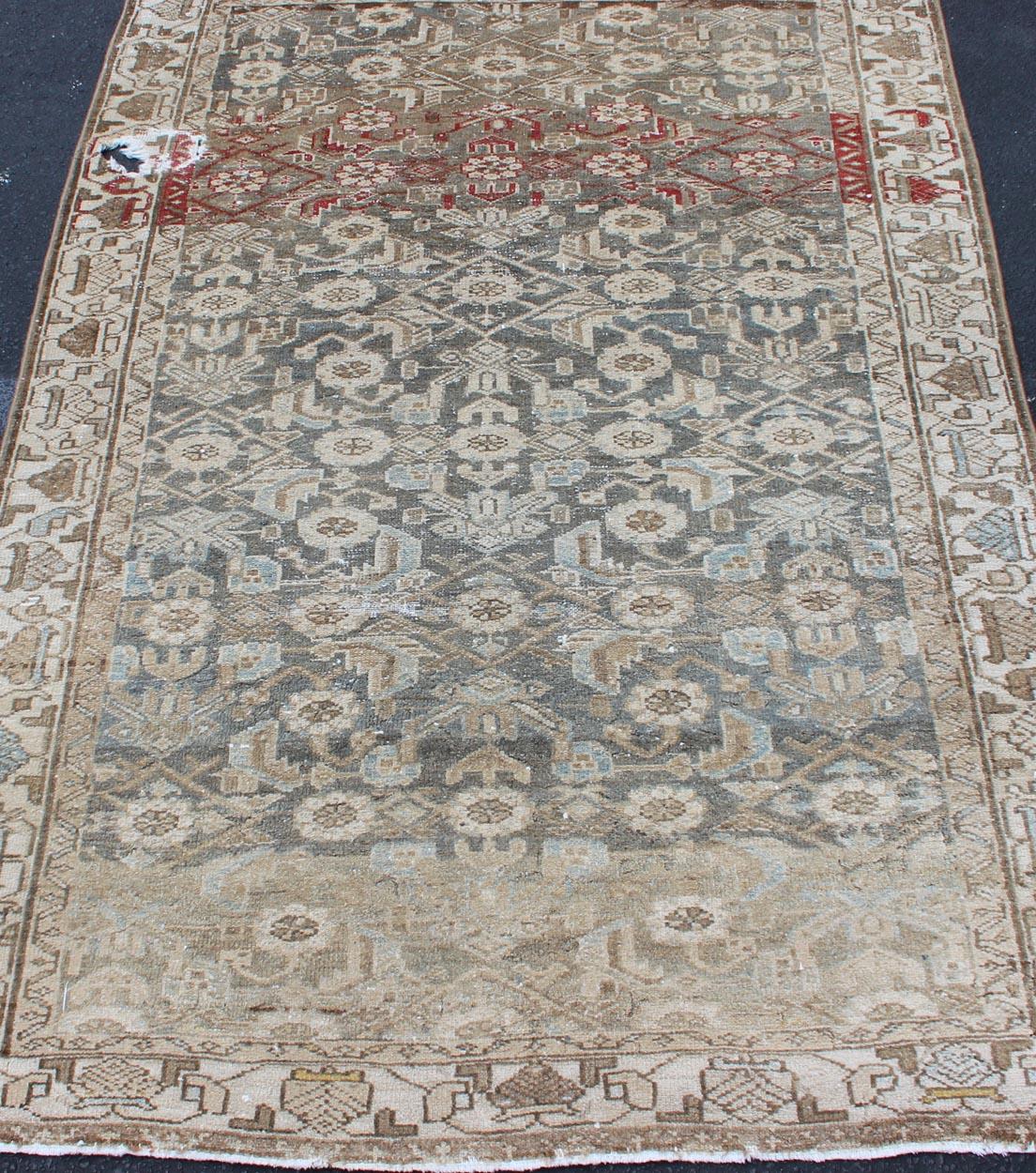 Malayer Distressed Antique Persian Hamadan Rug with All-Over Pattern and Gray Blue For Sale