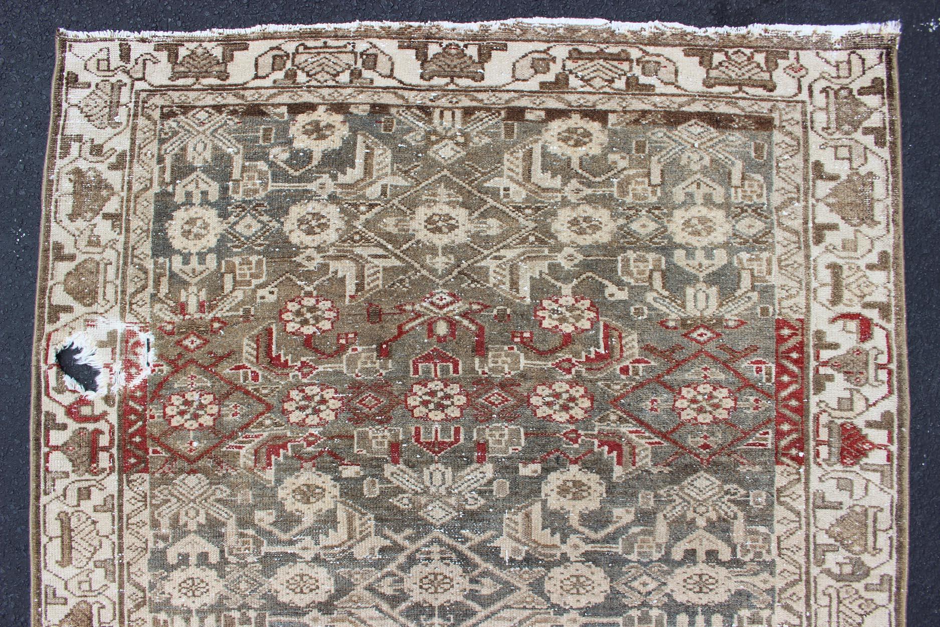 Distressed Antique Persian Hamadan Rug with All-Over Pattern and Gray Blue In Distressed Condition For Sale In Atlanta, GA
