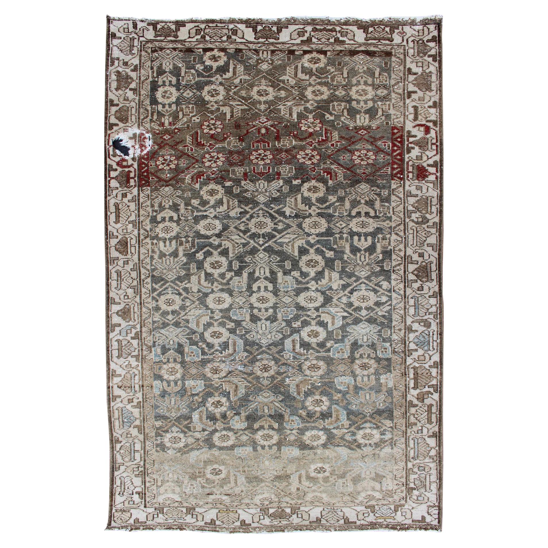 Distressed Antique Persian Hamadan Rug with All-Over Pattern and Gray Blue For Sale