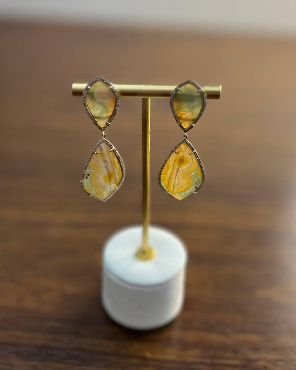 Earthy Tones Brown Green Pattern Quartz Diamond Halo 14K Gold Statement Earrings For Sale 1