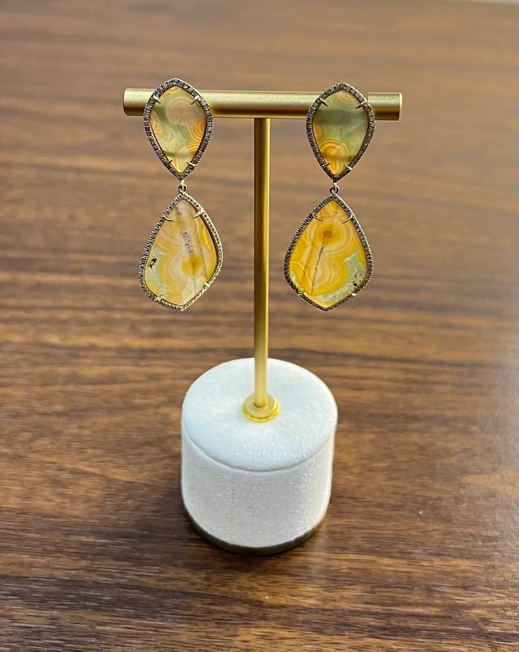 Earthy Tones Brown Green Pattern Quartz Diamond Halo 14K Gold Statement Earrings For Sale 2