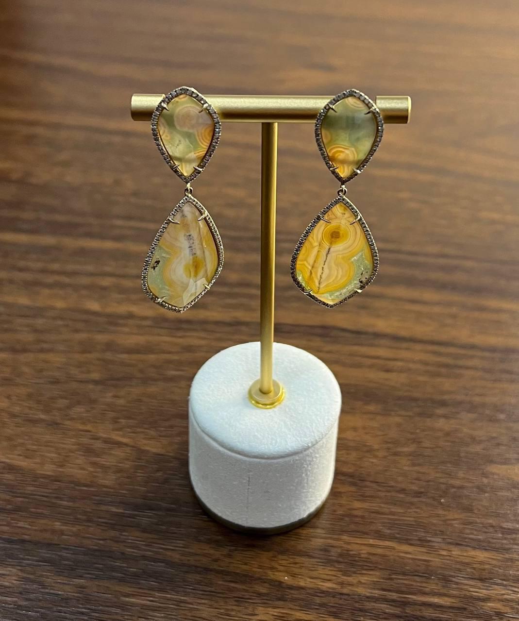 Earthy Tones Brown Green Pattern Quartz Diamond Halo 14K Gold Statement Earrings For Sale 3