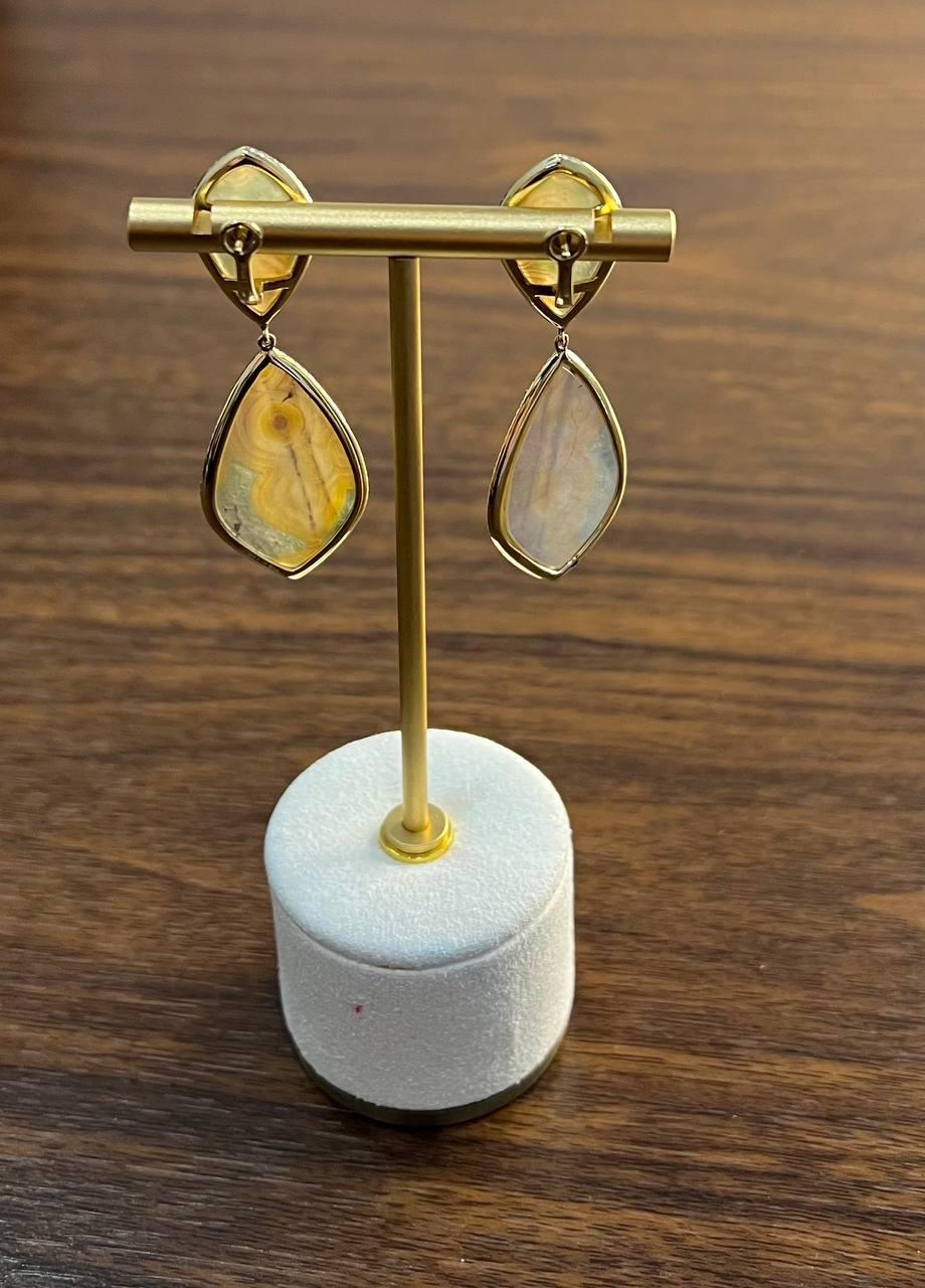 Earthy Tones Brown Green Pattern Quartz Diamond Halo 14K Gold Statement Earrings For Sale 4